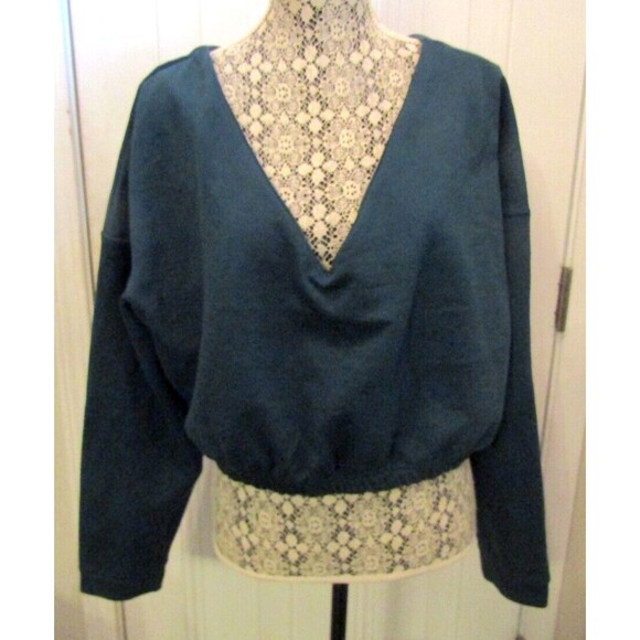 Boohoo Sweatshirt Teal V Neck Oversized Fleece Crop Top Sweater NWT Size 18 - Picture 2 of 6